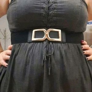 Plus size Black wide elastic stretch gold buckle corset waist statement belt